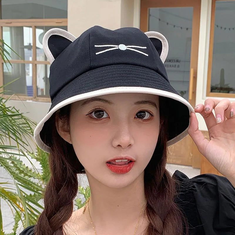 Korean Cartoon Cat Ears Women Bucket Hat Spring Summer Kawaii Beach Tour Sun Visor Hats Wide Brim Y2K Cotton Panama Cap