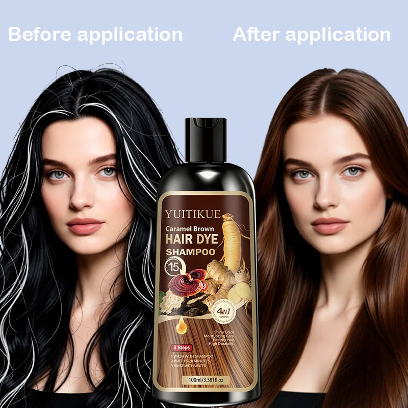 YUITIKUE Caramel Brown Hair Dye Shampoo 100ml 4-in-1 15-Minute Fast Dye & Moisturizing Hair Care