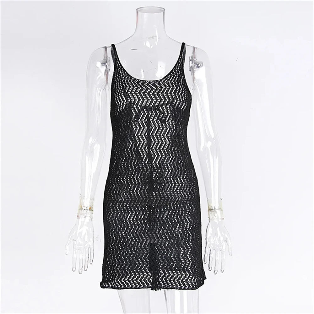 See Through Mesh Sheer Crochet Backless Beach Cover Up Dress Sexy Sheer Coverups Mini Bikini Dress For Poolside Seaside
