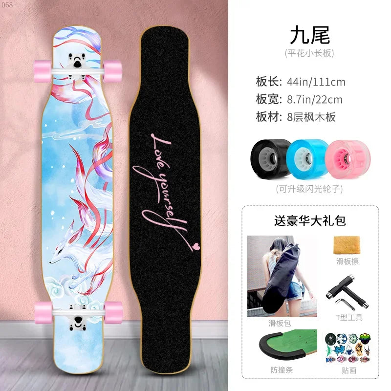 Longboard Beginner Boys and Girls Adult Professional Double Dancing Board 44in Teen Maple Quad