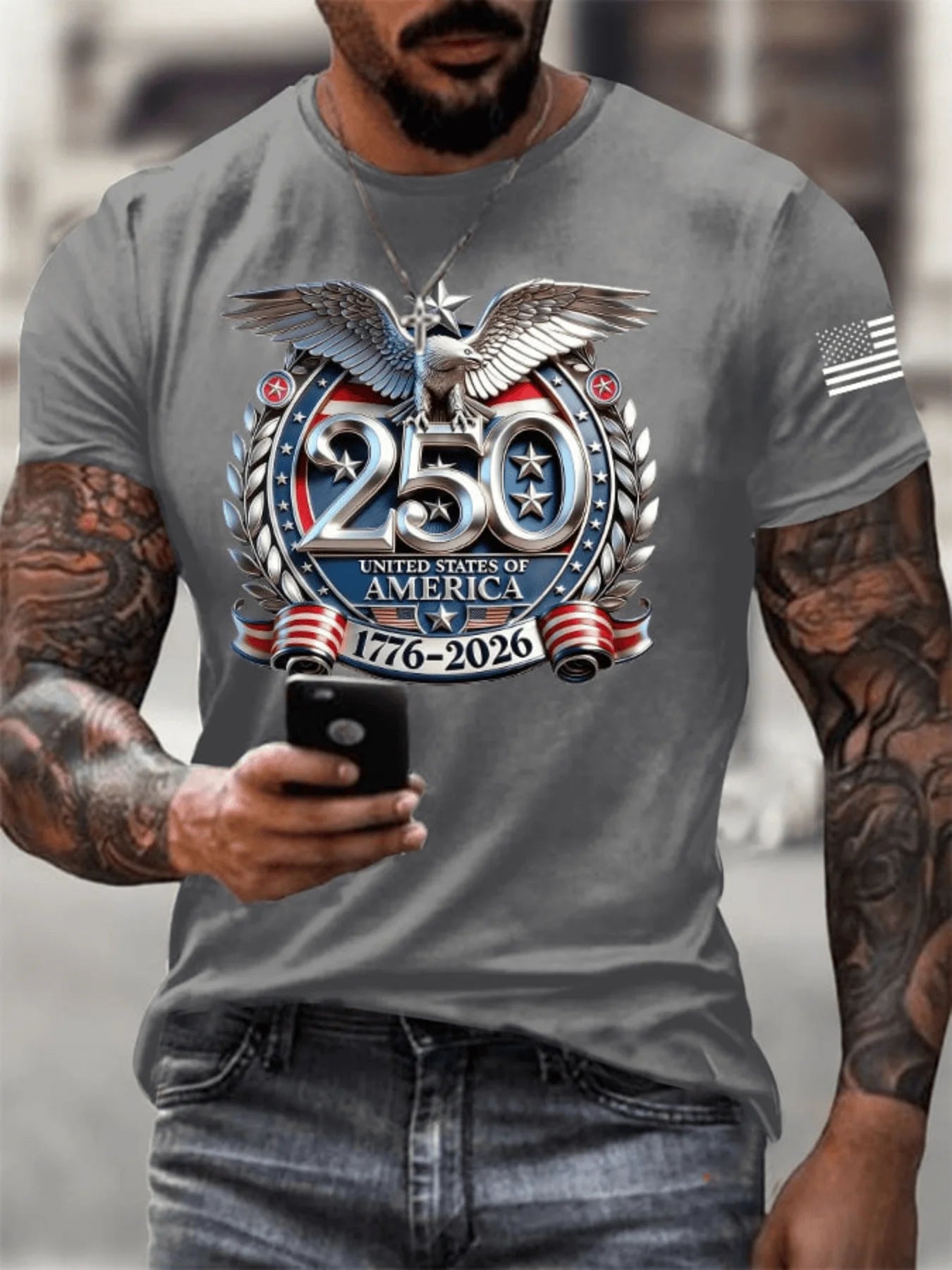 Men's USA 250th Anniversary Eagle Print T-Shirt - Commemorative Short Sleeve Round Neck Casual & Athletic Wear Casual Outfits