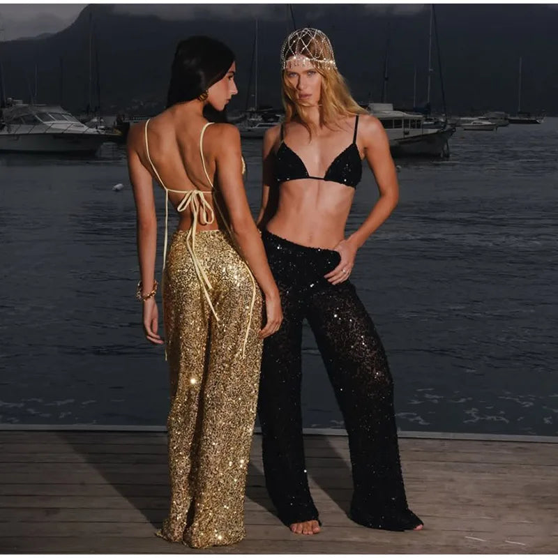 Sexy Sequined Bikini Pants Set Women Sleeveless Backless Halter Cropped Top Wide Leg Pant 2026 Summer Beach Holiday Party Suit
