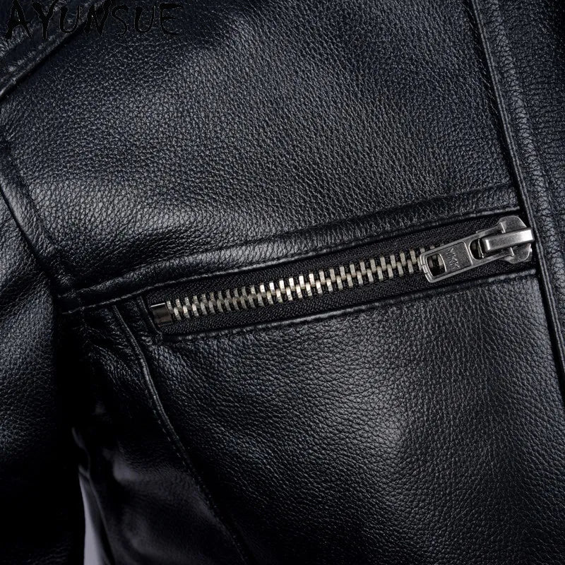 AYUNSUE Pure Cowhide Men Leather Jacket Fashion Stand Collar Short 100% Genuine Cow Leather Real Jacket Slim-fit Motorcycle Wear