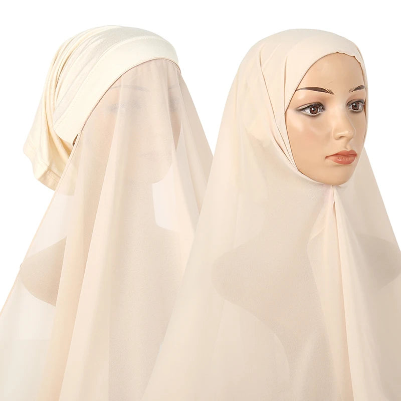 Instant Hijab with Tube Caps Women Premium Chiffon Hijab Muslim Soft Modal Cotton Open Caps Solid Colors Chiffon Shawl Turban