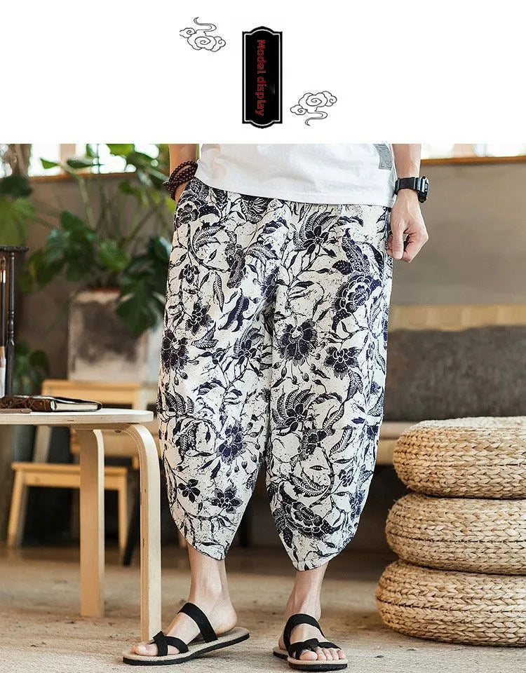 Men's Casual Cotton Linen Seven-Foot Pants Summer plus Size Lantern Loose Fit Shorts Harlan Style Comfortable Breathable Leis...