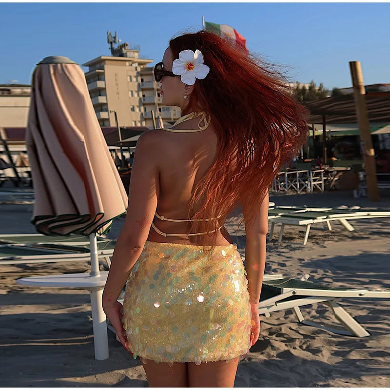 Sequins Halter Hollow Out Dress Women's Sexy Backless Sleeveless Contrast Color Mini Dresses 2026 Summer New Lady Beach Robes