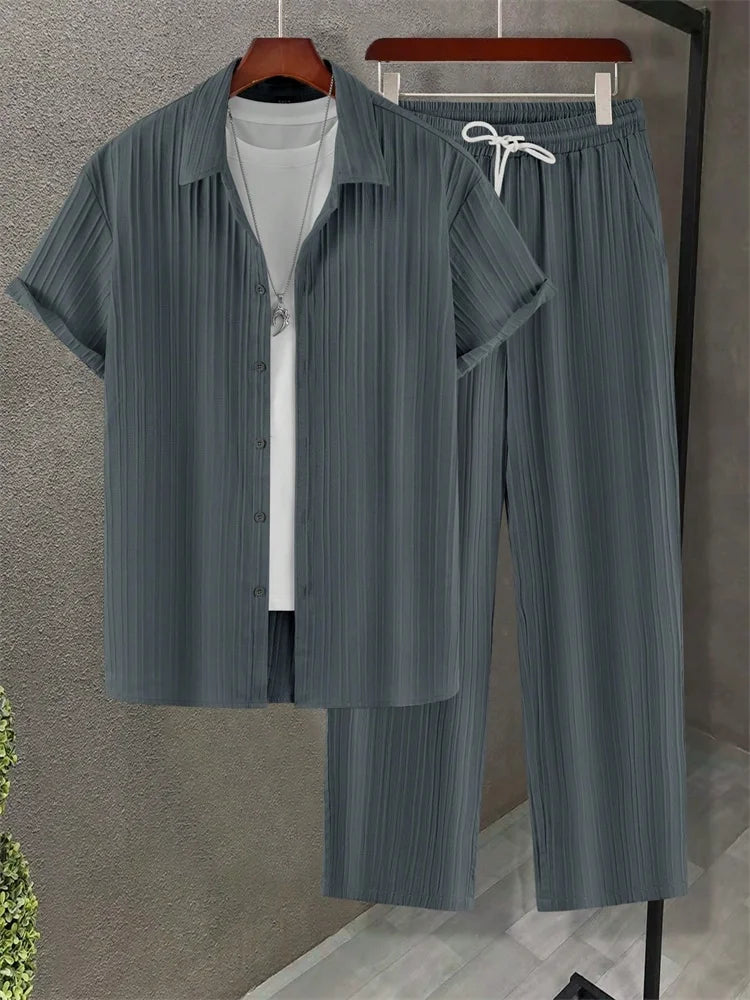 2025 Autumn Simple Solid-color Shirt 2 Pieces Long Pants Set, Urban Street Fashion Simple Men's Shirt And Long Pants Set