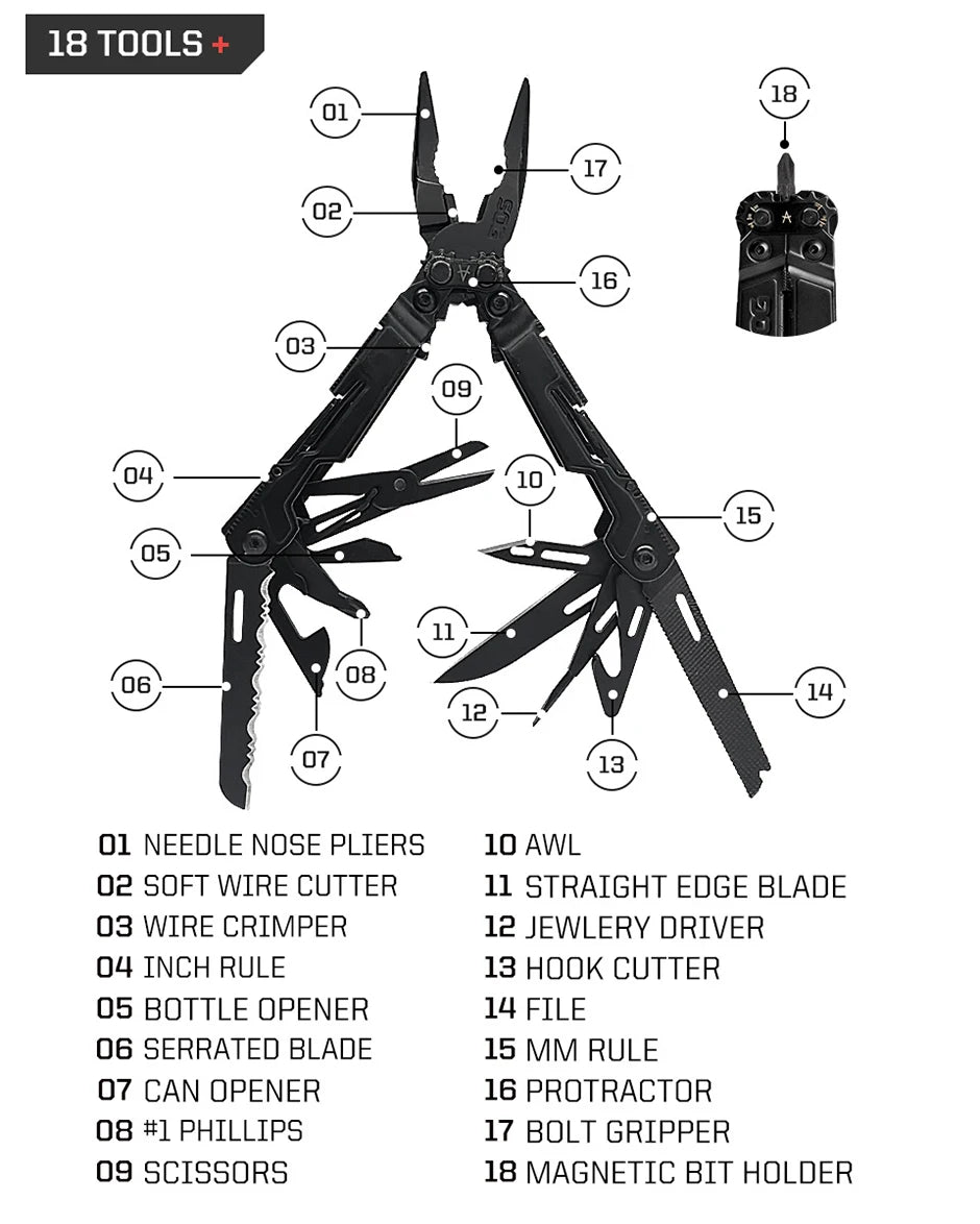 SOG 18 in 1 PowerPint Mini Multi-tool Stainless Steel Pocket EDC Multifunctional Pliers with Folding Knife Screwdrivers Scissors For Survival Fishing Hiking Cycling Travel DIY Home Emergency Repair Portable Camping Tools and