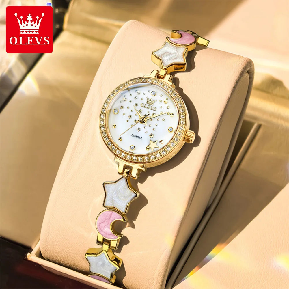 OLEVS Original Quartz Women's Watches Trendy Star Moon Diamond Dial Elegant Ladies Bracelet Wristwatches Luxury Woman Watch 5665
