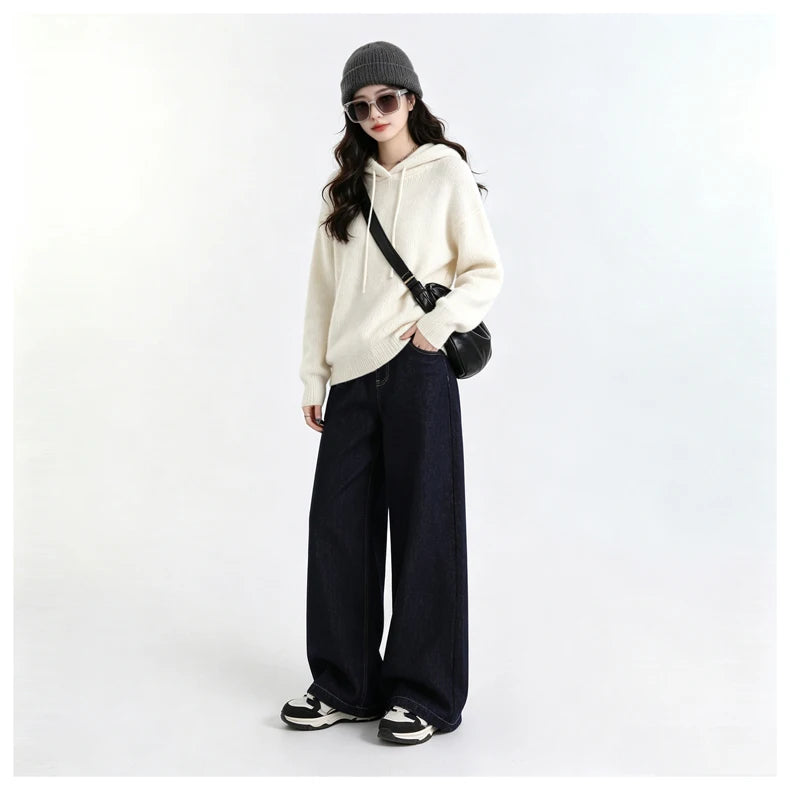 Raw Denim High Waist Wide Leg Draped Jeans Women Vintage Loose Slim Versatile Commute Long Trousers