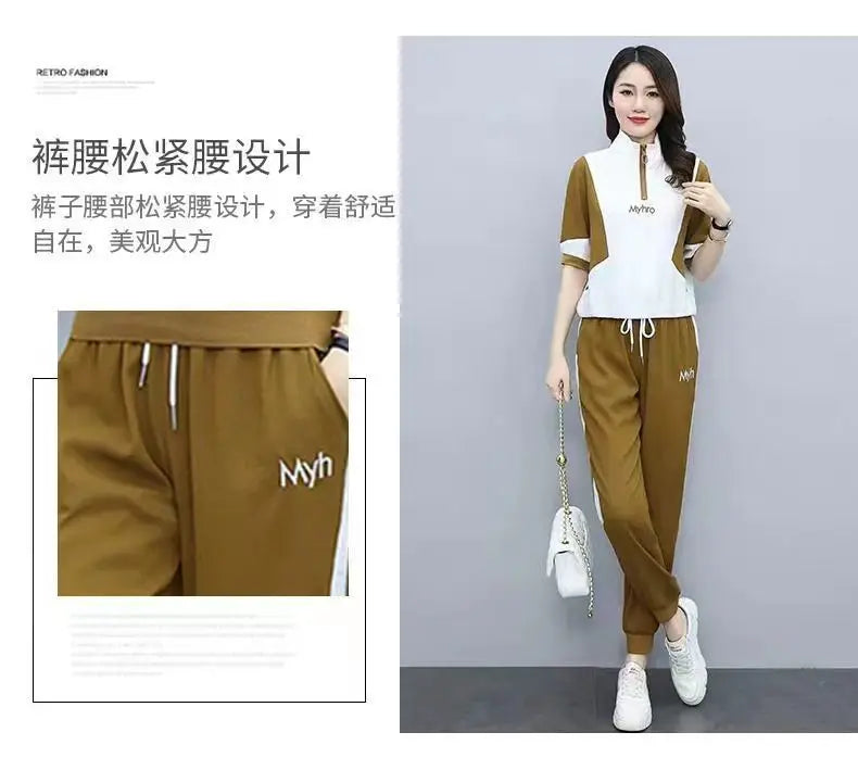 2 Piece Sets Women 2024 Summer Fashion Contrast Color Half Zipper Short Sleeve Tops Casual Pockets Sports Joggers Pants Outfits