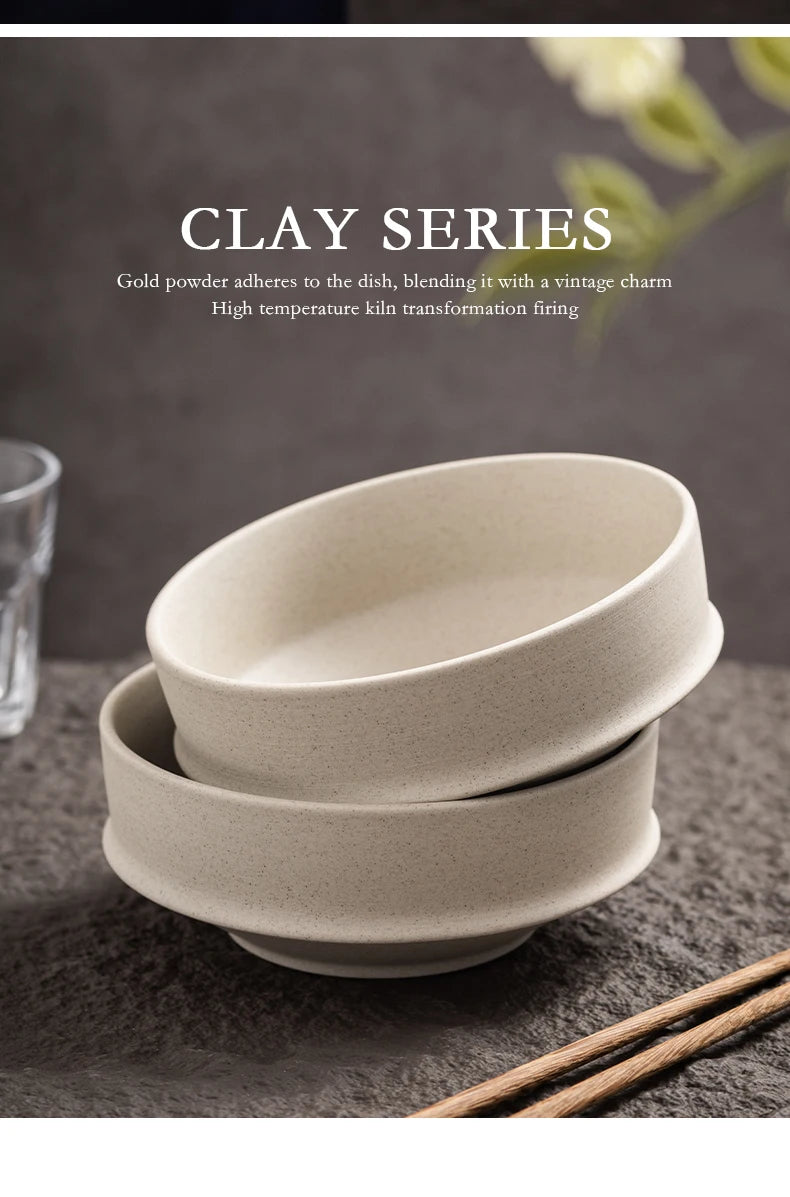 Retro Thick Earthenware Bowl Ceramic Rice Bowl Creative Small Dish Bowl Irregular Plate Dish Commercial Dining Utensils