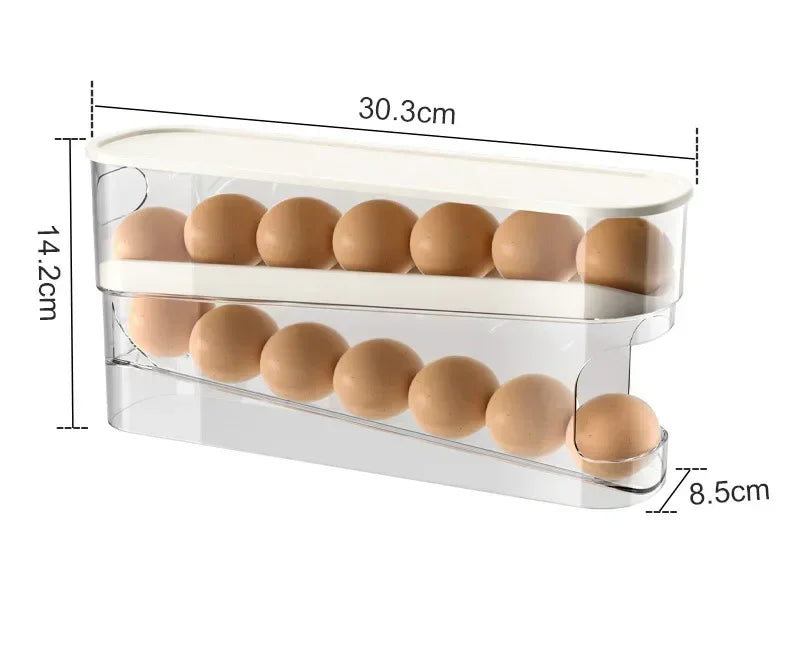 Double Layers Egg Storage Box Refrigerator Automatic Rolling Slide Egg Rack Refrigerator Side Door Freshness Box Kitchen Storage