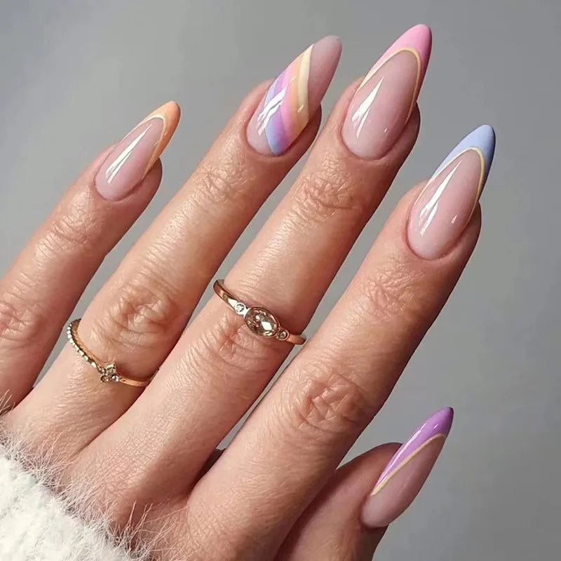 24Pcs/Set Blue Sky White Cloud Fake Nails Glue DIY Manicure Pattern Design False Nail French Stiletto Full Cover Nail Art Tools