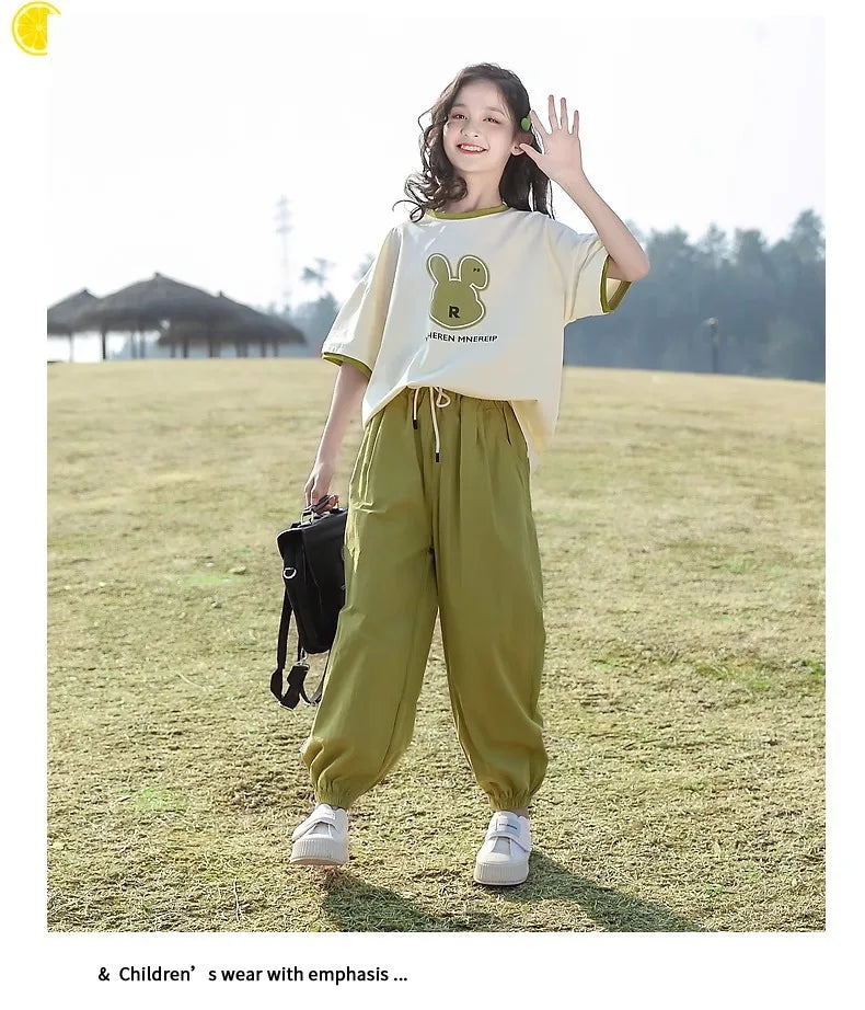 5 6 8 10 12 14 Years Summer Girls Clothing Sets Cute Rabbit Tops + Pants 2Pcs Outfits Kids Tracksuit Teenagers New Kids Clothes