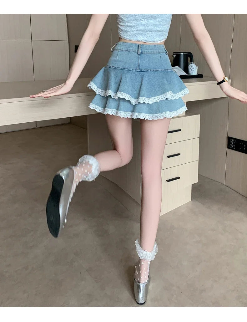 Women's Denim Skirts New Spring Summer Fashion High Waist Lace Decoration Shorts Mini Skirts for Women