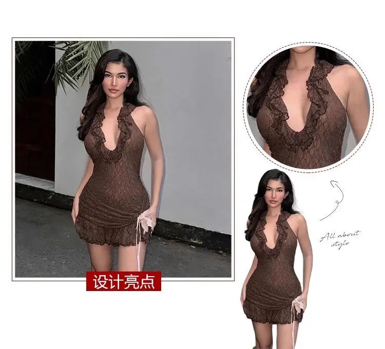 Sexy retro vacation ruffle edge deep V halter neck dress female slim slim slim skirt