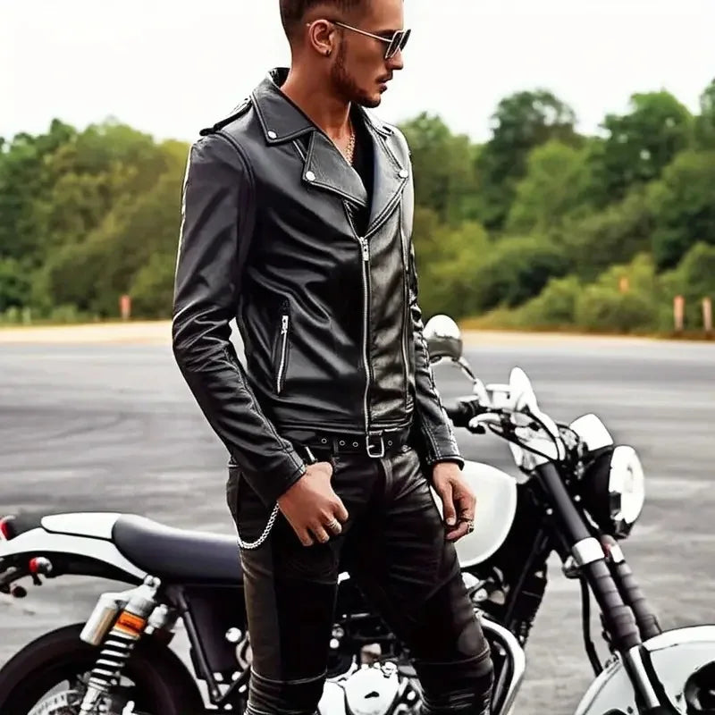 Street Style Men's Biker PU Leather Jacket Zipper Closure Slim Fit Handsome Motorcycle Function Outerwear Summer Season