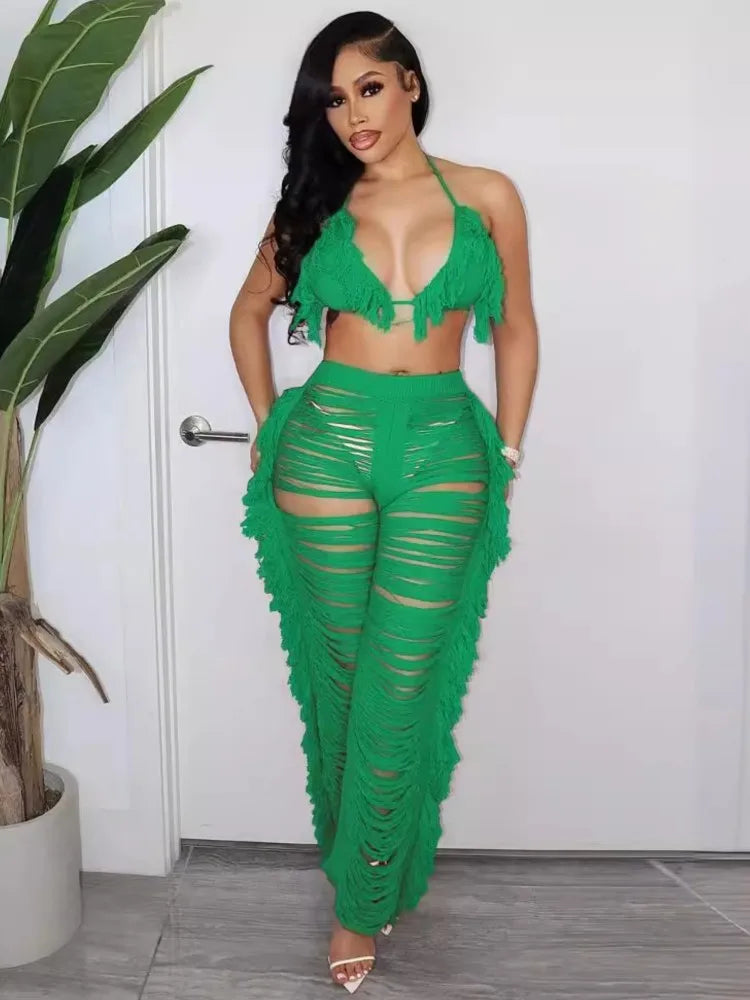 Sexy Women 2025 Knitted Set Two Piece Set Halter Backless Bra Crop Top Pants Crocheted 2 Pieces Set Hollow Out Crochet Beach Set