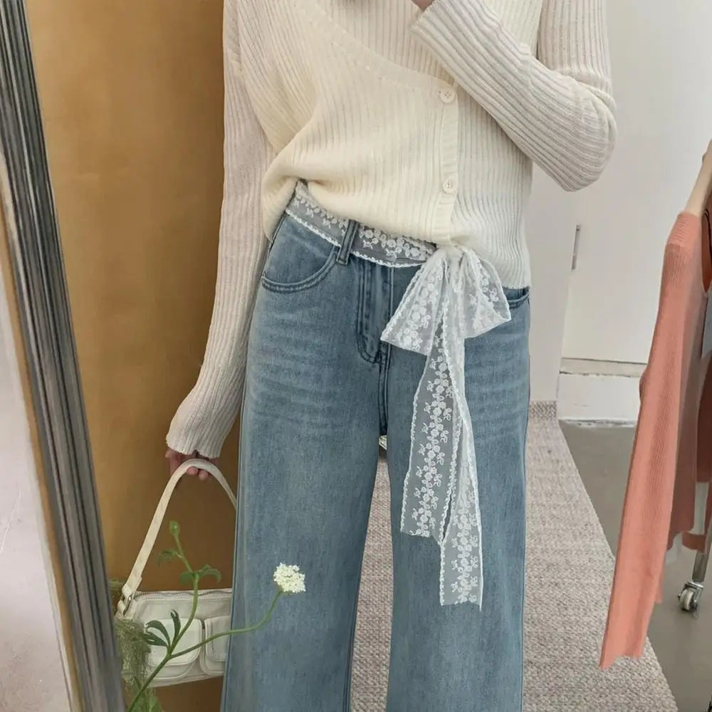 Korean Y2k Long Lace Waistband Floral Thin Lace Waist Belt Tie Up Bow Dress Jeans Belt Summer