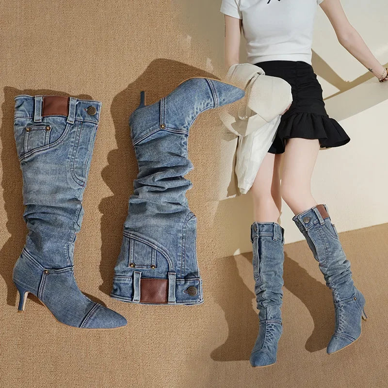 Denim Long Boots Women Knee Boots New 2025 Autumn Winter High Heels Retro Western Hot Girl Cowboy Boots Lady Modern Boot Botas