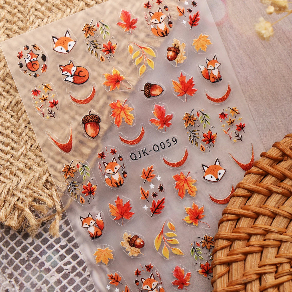 5pcs Autumn Maple Animals 3D Nail Art Stickers Squirral Ginkgo Fall Leaves Fox Bears Honey Pattern Nail Decal DIY Manicure Decor