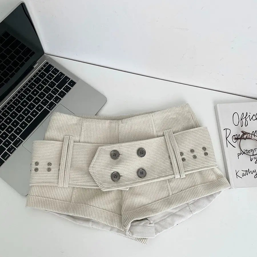 Retro Belt Low Waist Corduroy Shorts Women 2026 New Spice Girl Casual Y2k Shorts