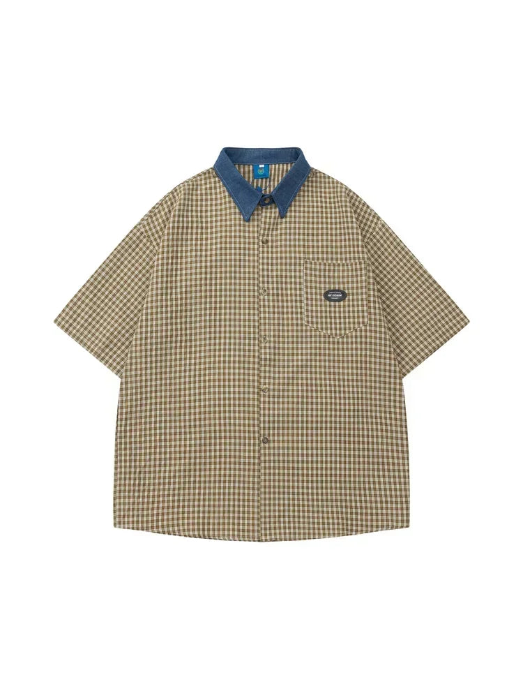 Sycpman American Style Retro Contrast Checkered Short Sleeved Shirts for Men and Women Trendy Loose Casual Shirt