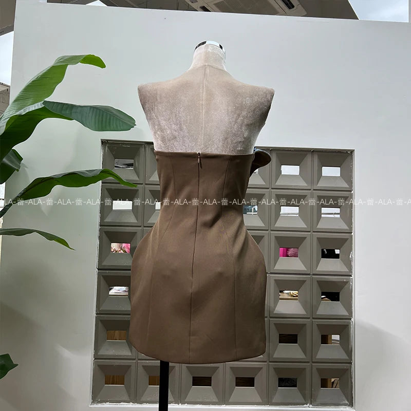 French Style Elegant Socialite 3D Floral Striped Sleeveless Double-Breasted High Waist Slim Sexy Birthday Party Mini Dress Women