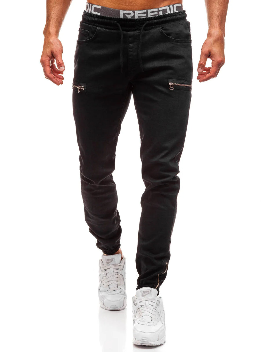 Jeans Men Casual Drawstring Elastic Waist Denim Skinny Trousers Pencil Pants Vintage Streetwear Washed Ankle Length Denims