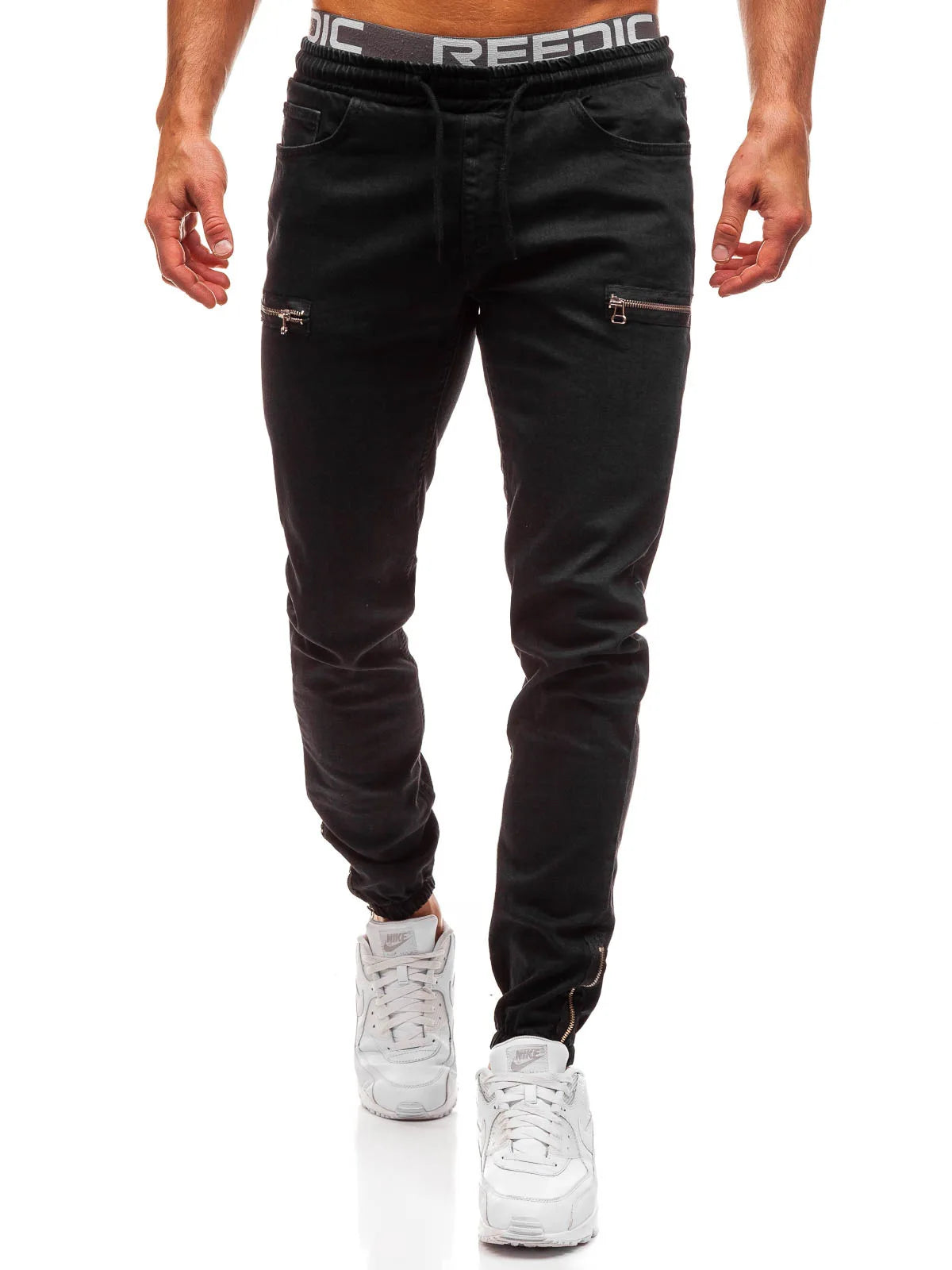 Jeans Men Casual Drawstring Elastic Waist Denim Skinny Trousers Pencil Pants Vintage Streetwear Washed Ankle Length Denims