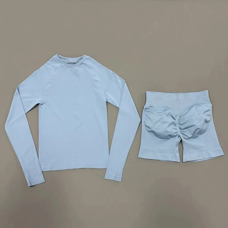 2 Piece Fitness Outfit Women Raglan Long Sleeve Crew Neck Top Hip Shaping Scrunch Shorts Stretch Soft Dance Gym Workout Set