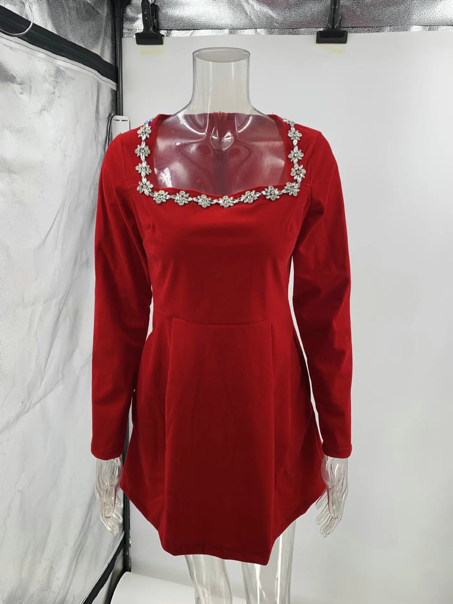 European and American Temperament Square Collar Diamond Setting Velvet Dress, Women's Spring Solid Color Long Sleeve Short Dress
