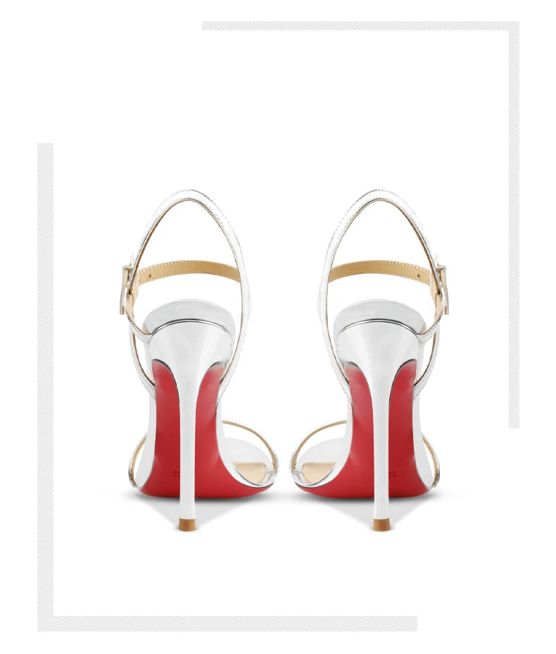 New Silver Patent Leather Temperament High-Heeled Sandals for Women with Exposed Toes, Slim Heels, and Comfortable Single Shoes