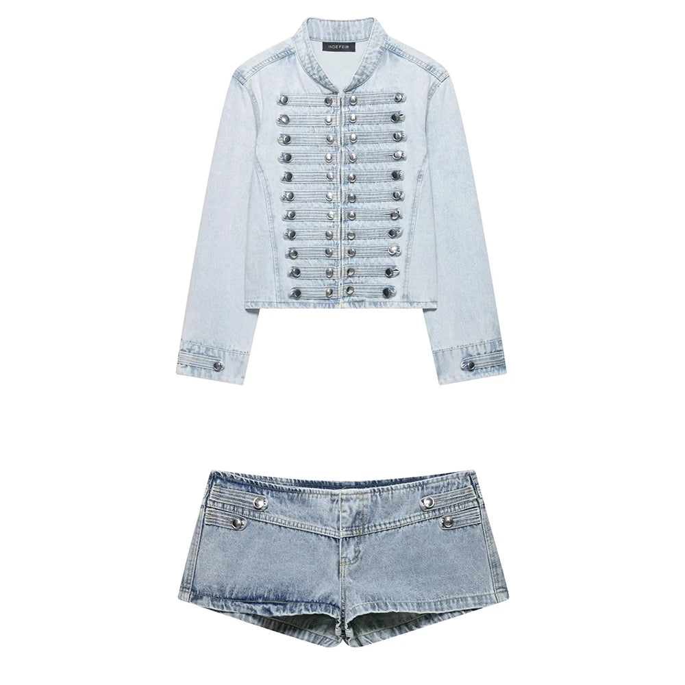 European and American style 2026 summer new women's clothing design sense close fitting denim jacket low waist shorts set