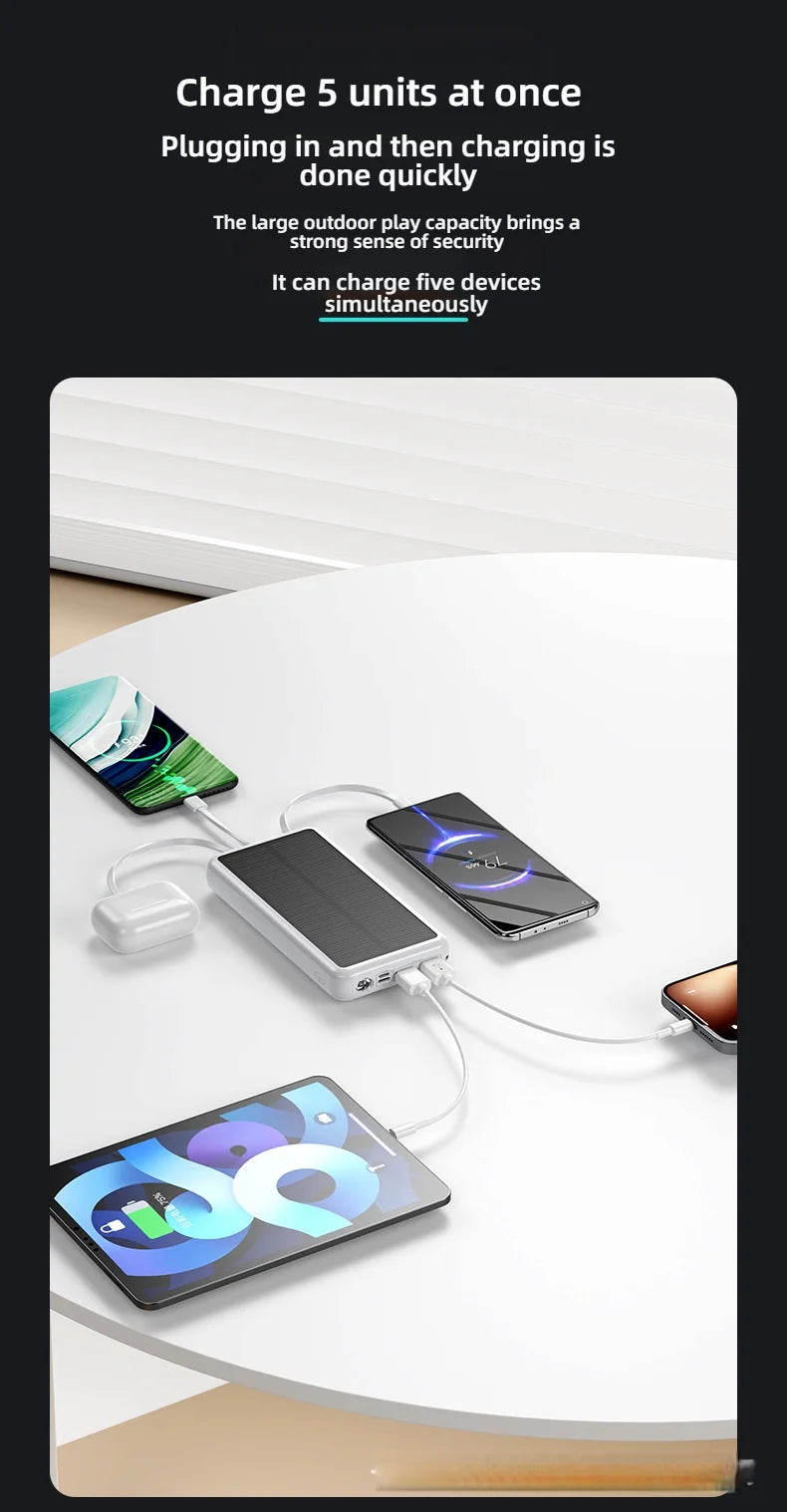 30000mAh Solar Power Bank Super Fast Charging Compact Portable Built-in 4 Cable High Capacity External Battery with Led Light
