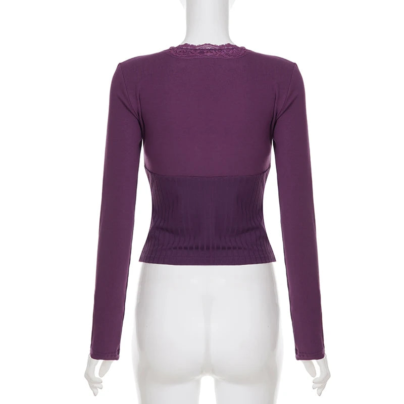 SUCHCUTE Purple Elegant Lace Patchwork V-Neck Slim Knit Top Women Casual Long Sleeves Tees Fashion Sexy Clothing Spring Outfits
