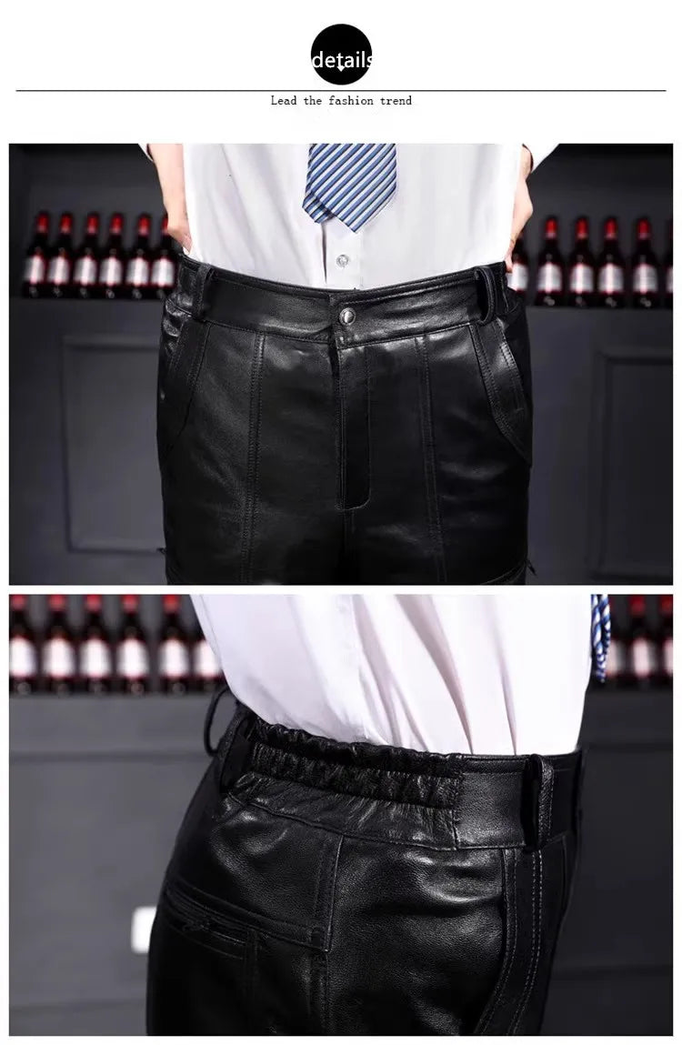Men's Thickened Leather Pants with Detachable Warm Fleece Liner Genuine Cowhide Goatskin for Autumn And Winter