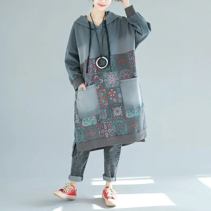 Mid Length Dress Women Hooded Dresses Casual Loose Vestidos Maxi Autumn Elegant Splice Hoodies Y2k Streetwear Print Summer 2025