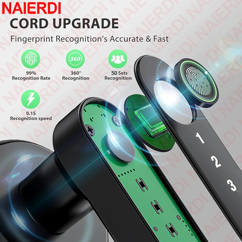 NAIERDI Smart Fingerprint Door Lock Tuya APP Bluetooth Keypad Card Entry Door Lock with Handle for Home Apartment Bedroom