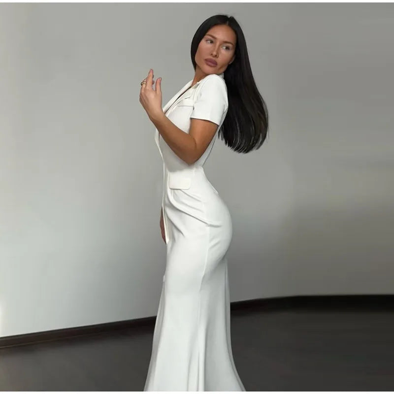 Fashion Lapel Short Sleeve Dress Women's Solid Color Single Breasted Slit Midi Dresses 2026 Summer New Lady Elegant Office Wear