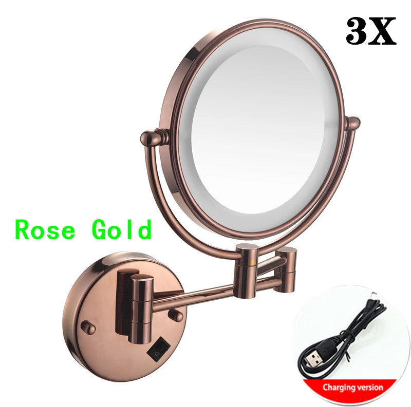 Brushed Gold LED Makeup Mirror with Brass Folding Bathroom Mirrors of 8 Inch 3X 5X Maynifying Makeup Mirror Dual Face LED Mirror