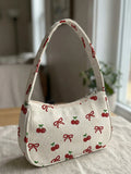 Trendy Cherry & Bow Print Shoulder Bag, Beige Corduroy Underarm Bag for Daily Casual Use