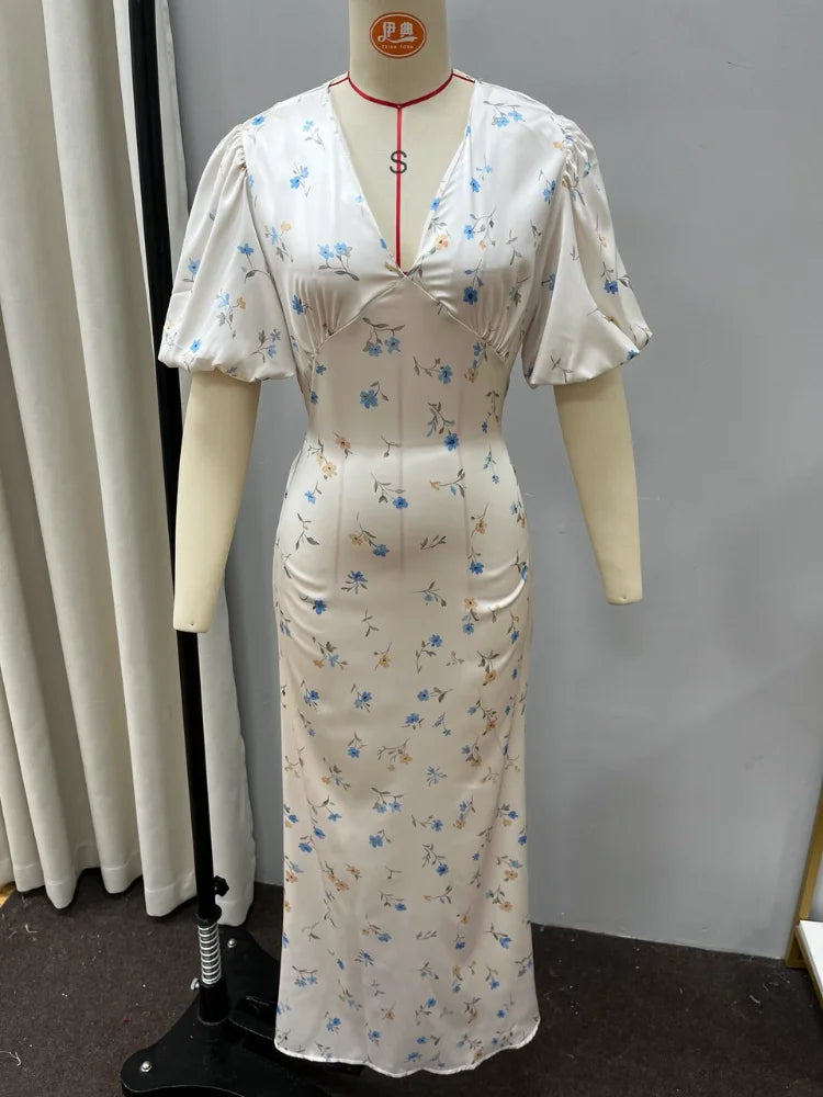 Printed Floral Print Elegant Long Dress For Women Short Sleeve V Neck Fashion Slim Dress Satin Commuting Banquet Female Dress