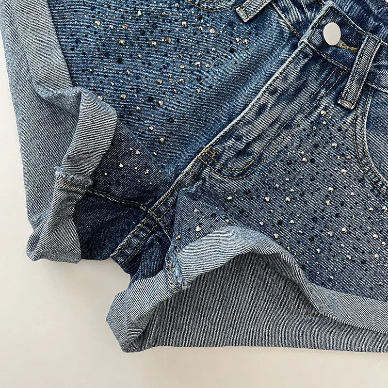 Retro Fashion Rhinestone Denim Shorts Women Pink Summer New A-Line Wide Leg Jeans Ultra Short For Hot Girls Bottoms