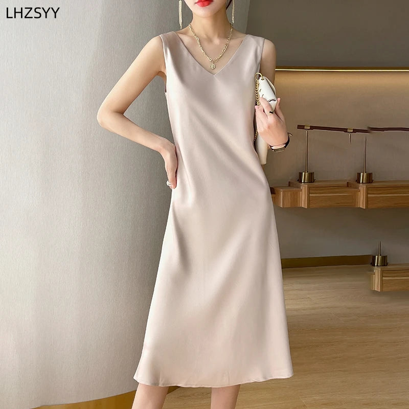 LHZSYY Silk Satin Front/Back V-neck Sling Dress Women's Sleeveless Waistcoat Top Spring Summer New Mulberry Silk Hip Long Skirts