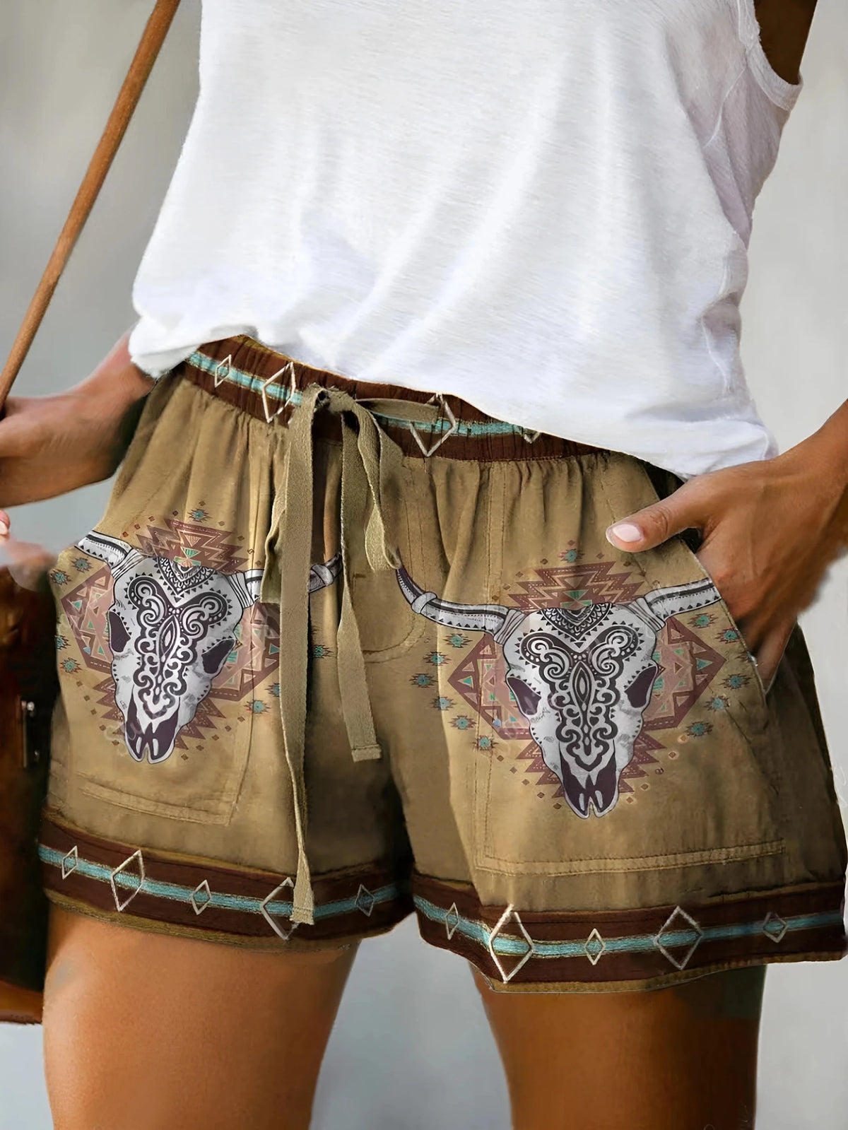 High Waist Printed Loose Shorts Lace up Straight Leg Pants European Style Simple Fashion Polyester Fiber Non Iron Daily Wear