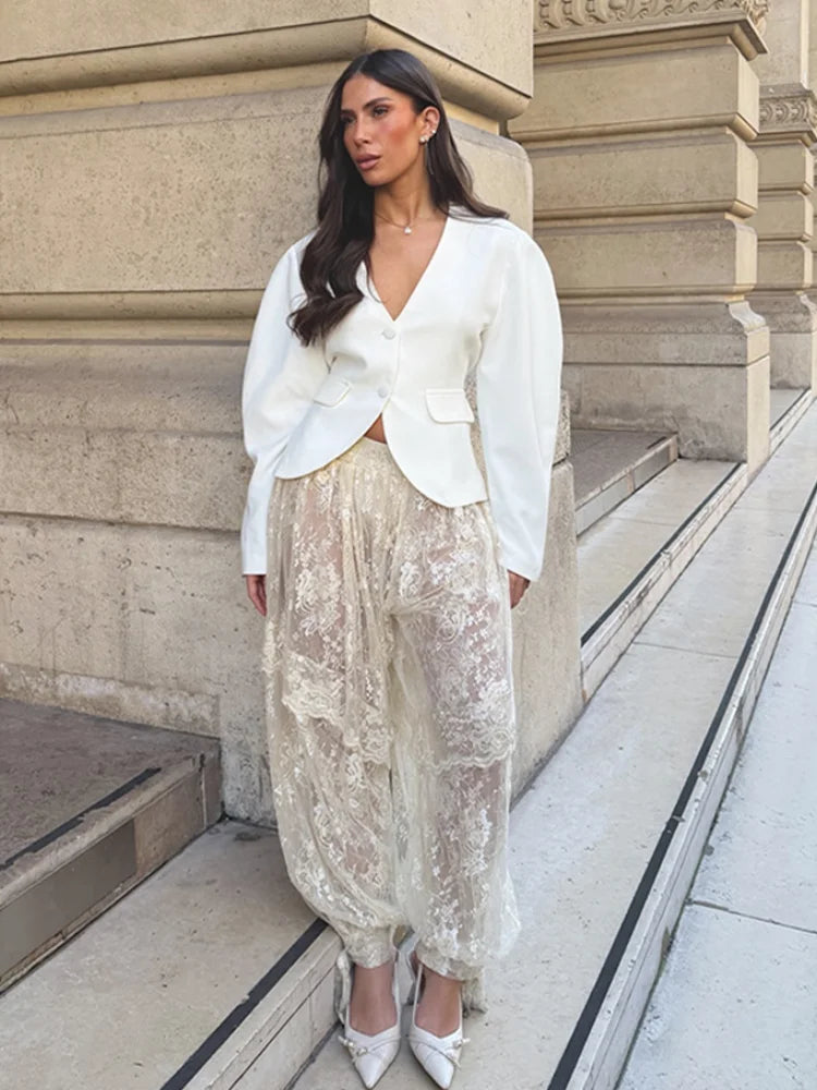 Sheer Floral Lace Tie Balloon Trousers High Waist 2026 Spring/Autumn Elegant Women Bottoms Fashion Chic Holiday Versatile Pants
