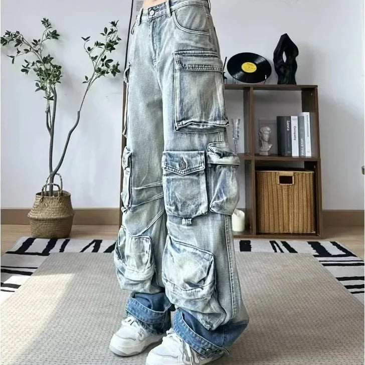 Jeans Women Denim Distressed Multi Pocket Y2k Streetwear Cargo Pants Casual High Waist Zipper Fly Winter Gradient Mom Jeans