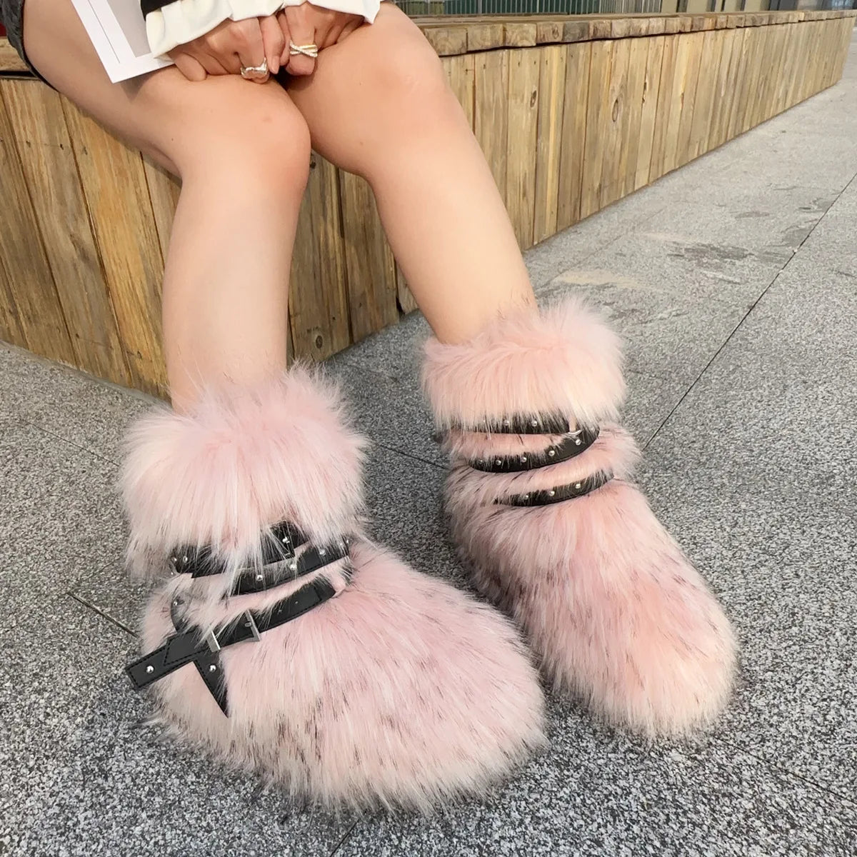 Winter Fur New Design Onepiece Raccoon FurFemale Snow Boots Fur shoes OutdoorMid Leg Boots y2k Cool Pink Girl